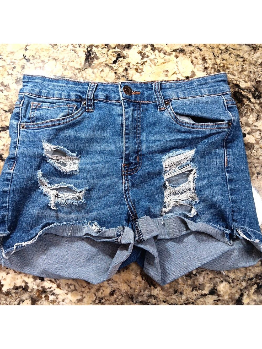 Size 8 Aéopostale Jean Denim Shorts High Rise Stretch Womens Blue Distressed